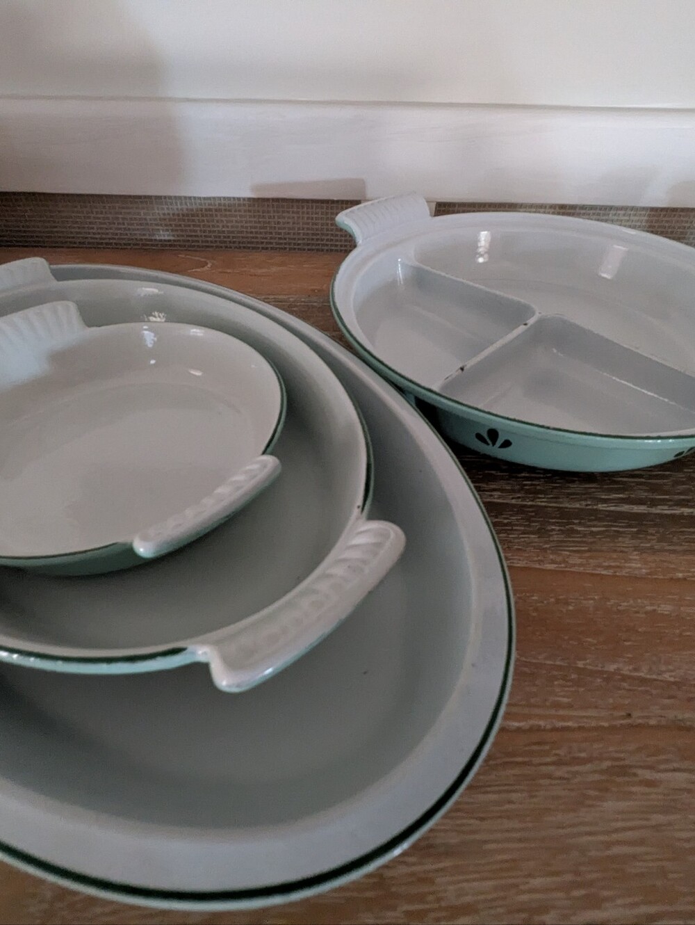 Vintage Light Aqua Enamel Oval Serving Platter with Green Motif